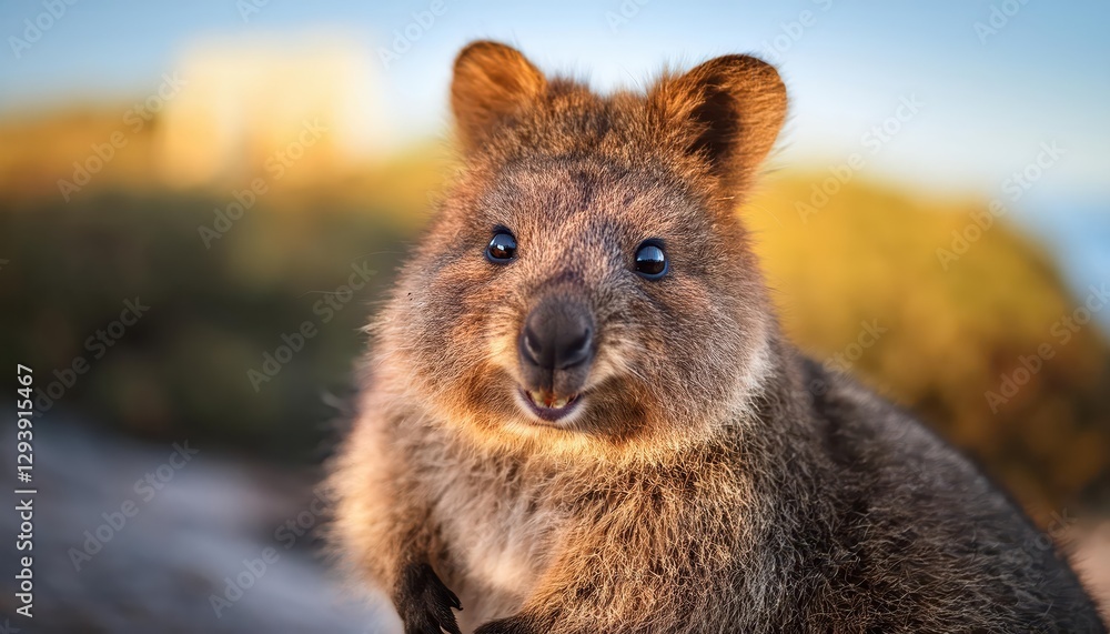 Enchanting Smiling Quokka on Rottnest Island, Western Australia, Exuding Joy and Friendliness in a Stunning Natural Setting at Dusk. Enchanting Smiling Quokka on Rottnest Island, Western Australia, Exuding Joy and Friendliness in a Stunning Natural Setting at Dusk.