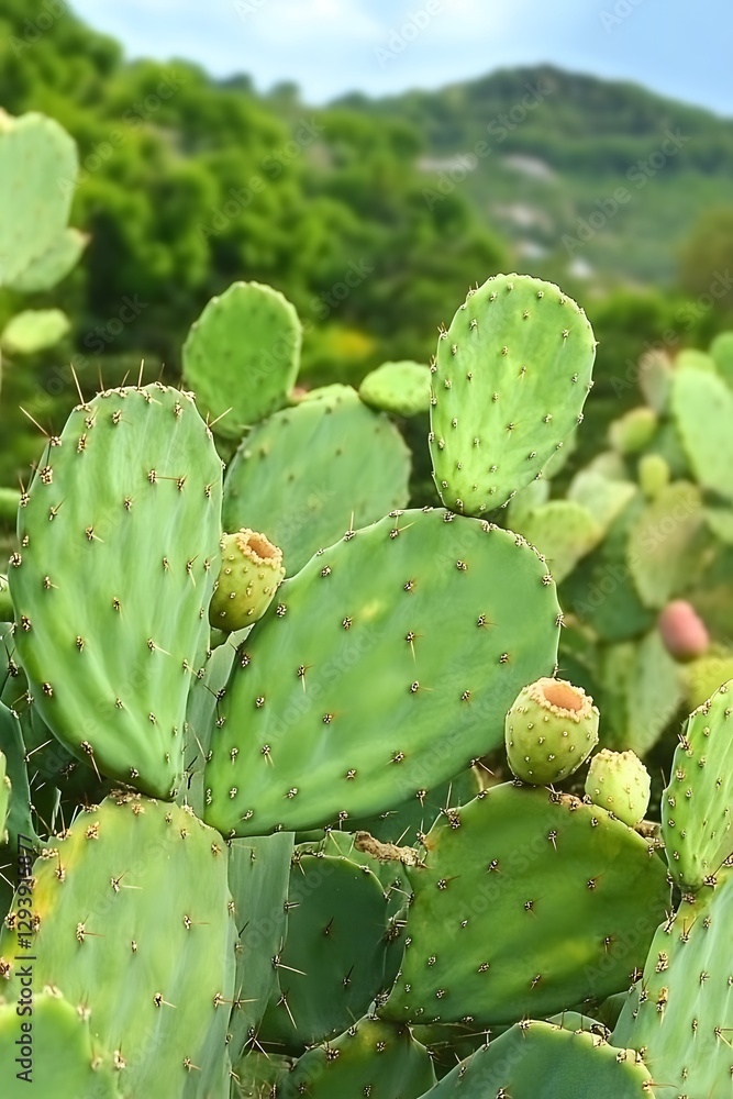Closeup Vibrant Green Prickly Pear Cactus Pads with Fruit Closeup Vibrant Green Prickly Pear Cactus Pads with Fruit