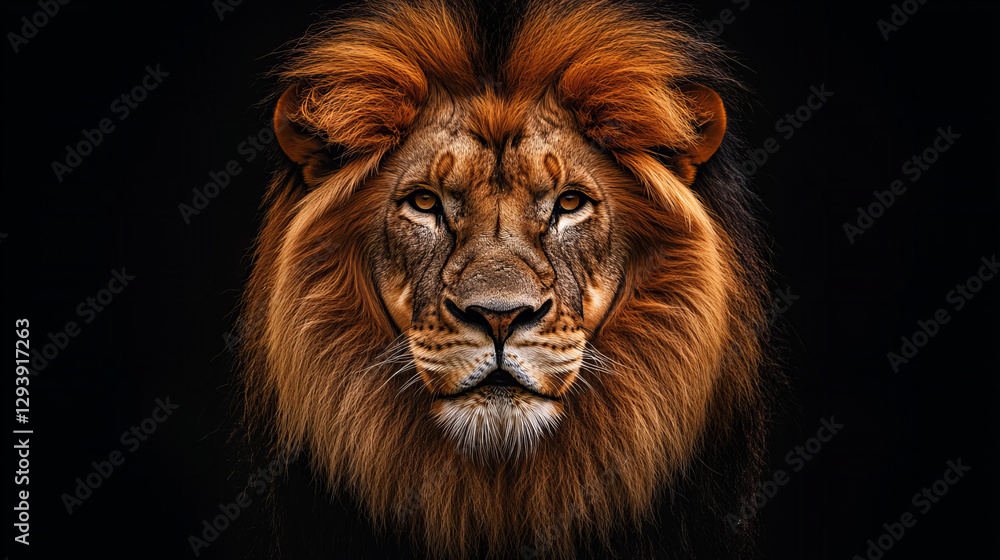 Majestic male lion portrait with intense amber eyes and thick mane against a dramatic black background, perfect for wildlife and conservation themes
Majestic male lion portrait with intense amber eyes and thick mane against a dramatic black background, perfect for wildlife and conservation themes