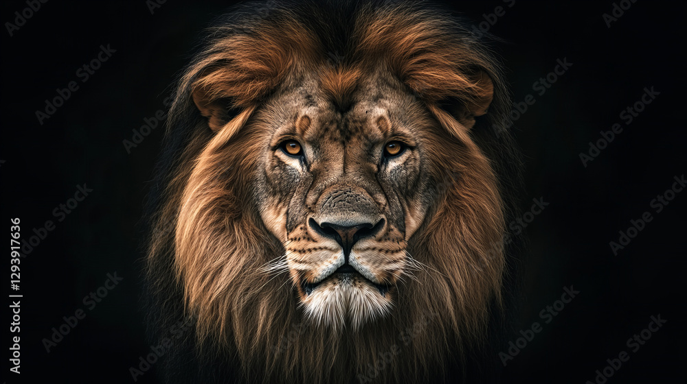 Fototapeta premium Majestic male lion portrait with intense amber eyes and thick mane against a dramatic black background, perfect for wildlife and conservation themes