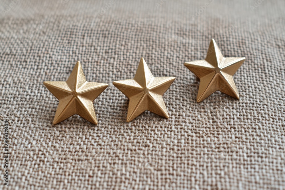 Three Decorative Gold Stars on a Textured Fabric Background Three Decorative Gold Stars on a Textured Fabric Background