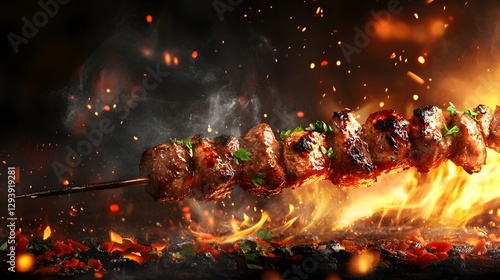 Delicious meat shish kebab cooking over an open fire