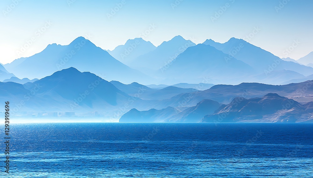 A scenic blue mountainous landscape reflected in a calm ocean A scenic blue mountainous landscape reflected in a calm ocean