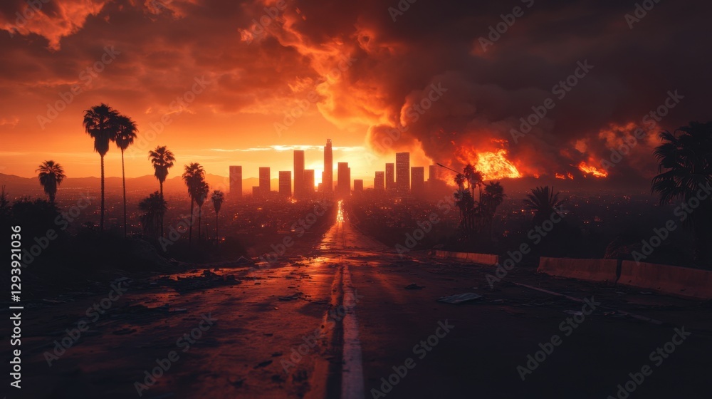 Obraz premium A burning city skyline under a fiery sunset, with smoke and flames engulfing the horizon as an empty road leads into destruction