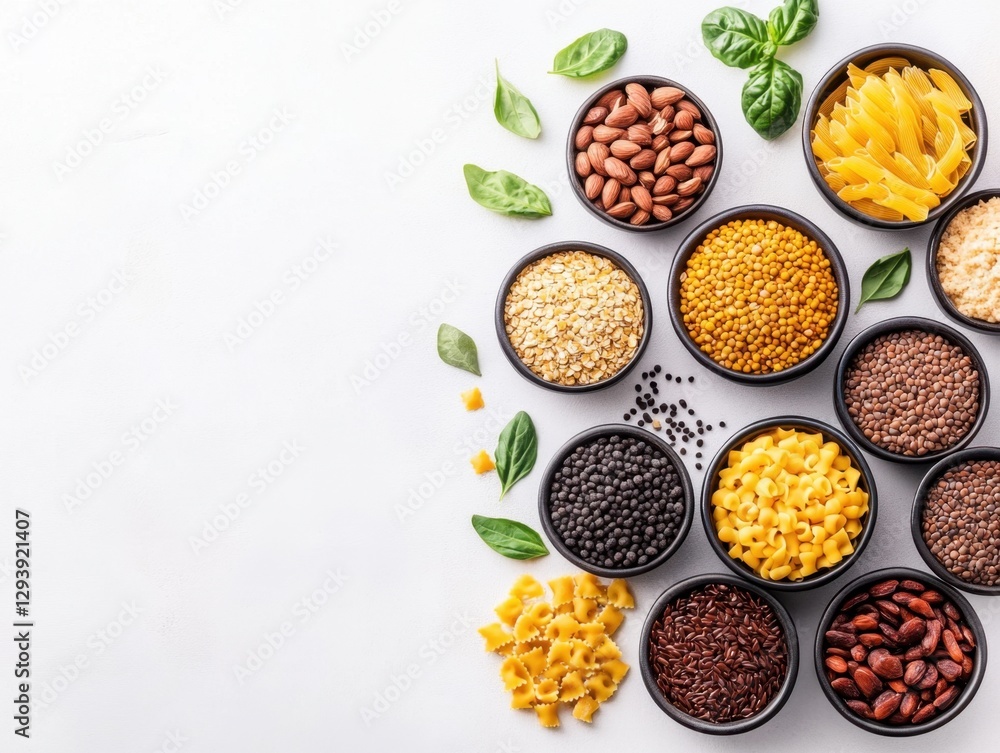 Diverse assortment of uncooked grains legumes and pasta in bowls on white surface with basil leaves Diverse assortment of uncooked grains legumes and pasta in bowls on white surface with basil leaves