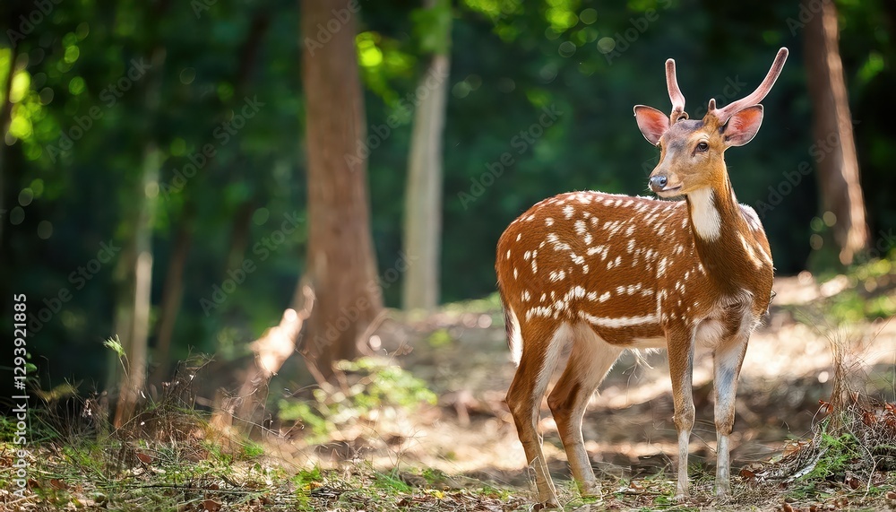 Spotted Deer Standing in a Forest Serene Chital or Axis Deer Against the Dappled Light of an Emerald Canopy, Enhancing the Wild, Mystic Ambience of the Forest Spotted Deer Standing in a Forest Serene Chital or Axis Deer Against the Dappled Light of an Emerald Canopy, Enhancing the Wild, Mystic Ambience of the Forest
