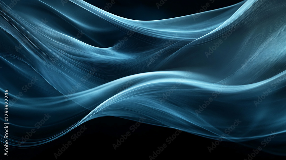 Obraz premium Abstract blue wave of flowing smoke or light trails on a dark background, representing fluid motion and digital art. It evokes feelings of calmness and mystery.