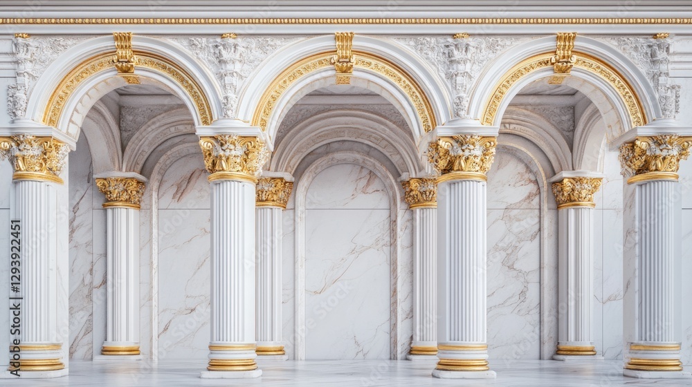 Marble columns, gold arches, palace facade; background, interior design Marble columns, gold arches, palace facade; background, interior design