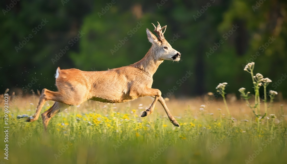 Fototapeta premium Summer Meadow Abuzz with Wildflowers Captivating Closeup of a Sprinting Roe Deer Buck, Beneath the Dappled Sunlight and Vibrant Floral Palette