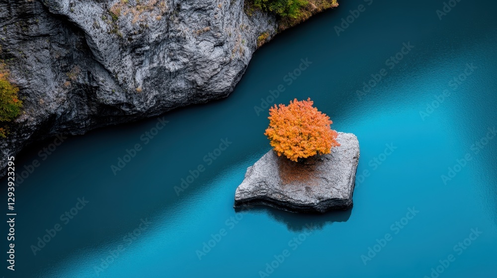 A small tree is growing on a rock in a body of water. The water is blue and the tree is orange A small tree is growing on a rock in a body of water. The water is blue and the tree is orange