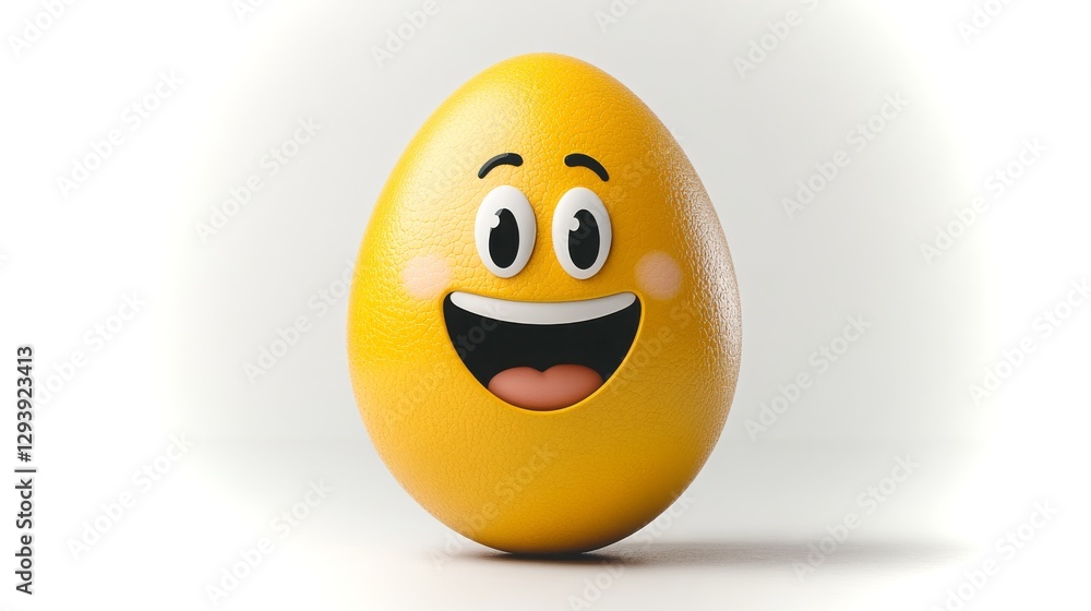 Fototapeta premium Bright yellow smiling egg character with cheerful expression on white background