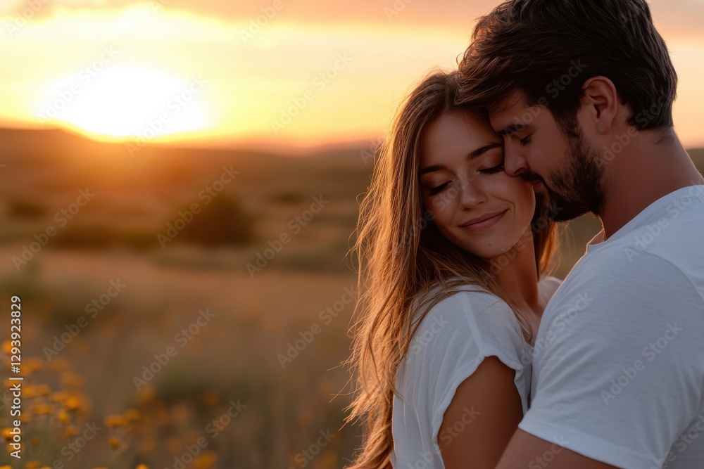 A couple enjoys a tender moment together during sunset, surrounded by a golden landscape filled with vibrancy and warmth, symbolizing love and connection. A couple enjoys a tender moment together during sunset, surrounded by a golden landscape filled with vibrancy and warmth, symbolizing love and connection.