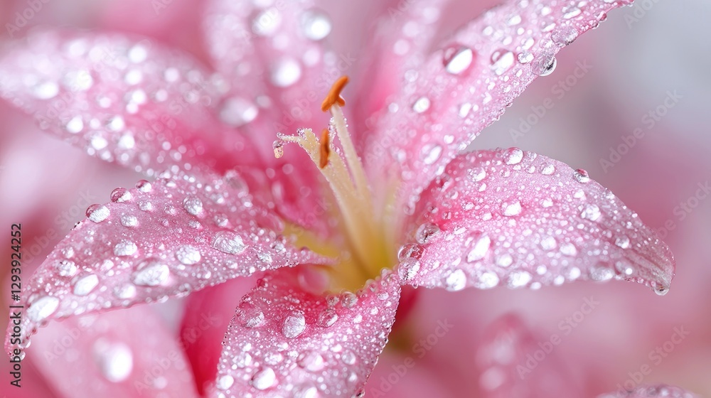 Pink lily flower with dew drops, close-up Pink lily flower with dew drops, close-up