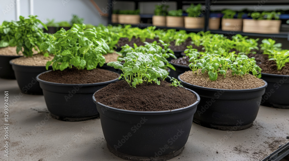 Fresh basil plants growing in pots with rich soil, showcasing vibrant green leaves and healthy growth Fresh basil plants growing in pots with rich soil, showcasing vibrant green leaves and healthy growth