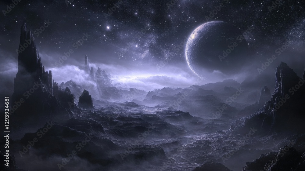 Mysterious landscape shrouded in dense fog under a starlit sky; an ethereal realm where mystery lingers, captivating and enigmatic Mysterious landscape shrouded in dense fog under a starlit sky; an ethereal realm where mystery lingers, captivating and enigmatic