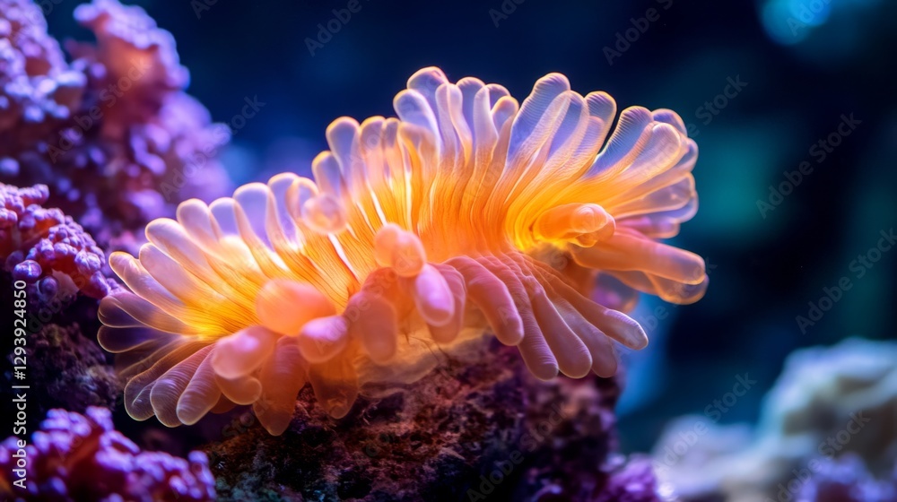 Vibrant orange sea anemone with translucent tentacles in coral reef underwater Vibrant orange sea anemone with translucent tentacles in coral reef underwater