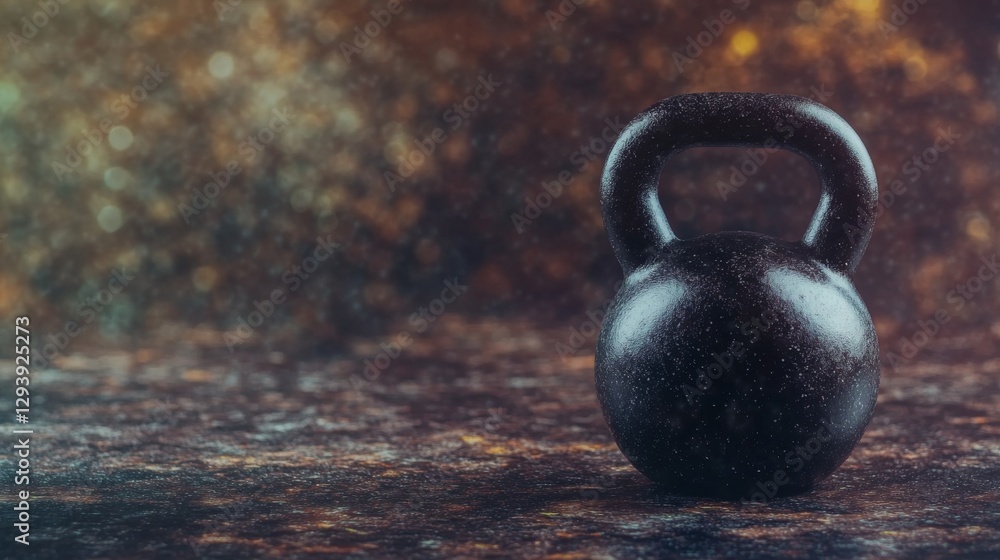 Fototapeta premium Solid black kettlebell rests on textured surface in gym setting
