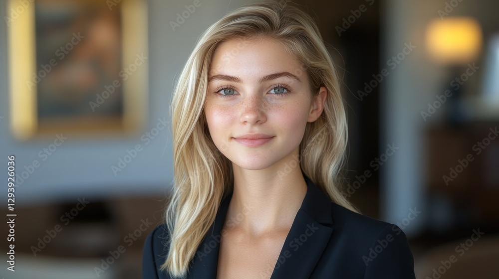 Fototapeta premium Blonde woman in blazer smiles in upscale home office setting