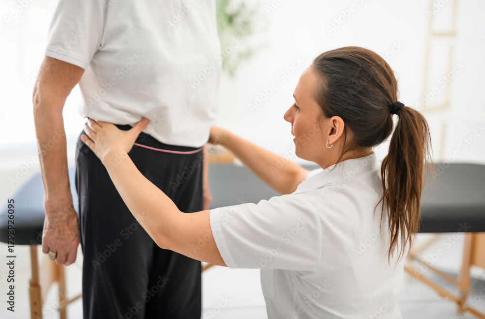 physiotherapist helping senior woman in clinic. Elderly woman undergoing physiotherapy treatment for injury physiotherapist helping senior woman in clinic. Elderly woman undergoing physiotherapy treatment for injury
