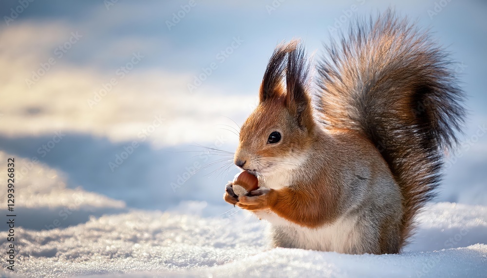 Playful Squirrel Gathering a Hazelnut amidst Snowy Tranquility Captivating Winter Scene Radiating Pure Joy and Charm Playful Squirrel Gathering a Hazelnut amidst Snowy Tranquility Captivating Winter Scene Radiating Pure Joy and Charm