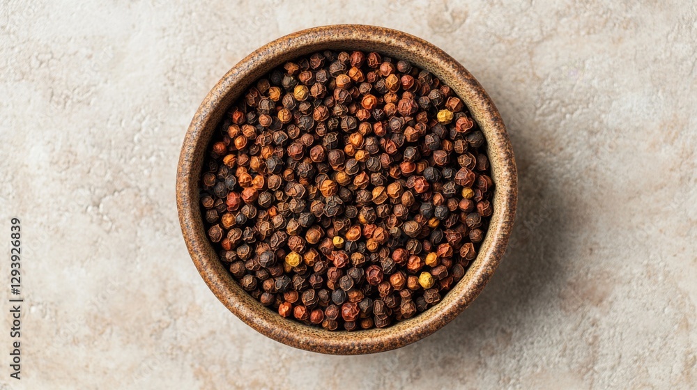Bowl of dried peppercorns on rustic surface Bowl of dried peppercorns on rustic surface