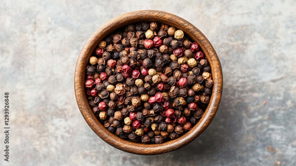 Mixed peppercorns in wooden bowl on rustic surface Mixed peppercorns in wooden bowl on rustic surface