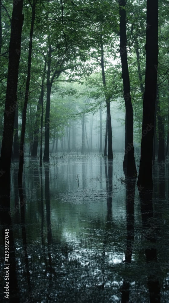 Fototapeta premium Serene Forest Landscape with Foggy Atmosphere and Reflections in Water Capturing the Mystical Mood and Natural Beauty of the Woodland Scene