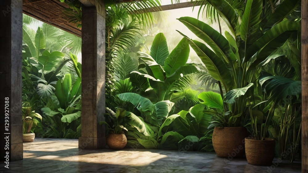 Fototapeta premium Exotic Tropical Wall with Palm and Banana Leaves