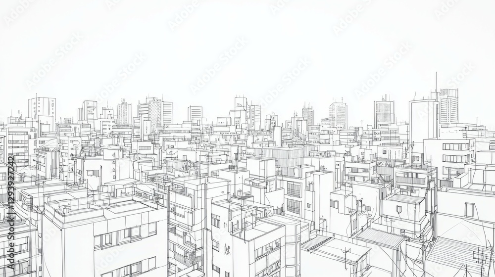 Fototapeta premium Detailed Line Art Illustration of Urban Cityscape Background