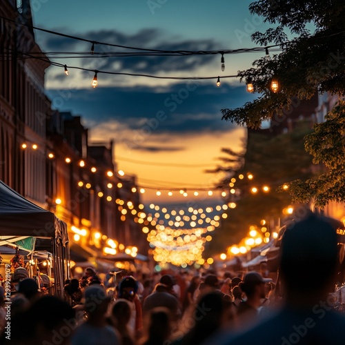Night market street fair, city, summer dusk