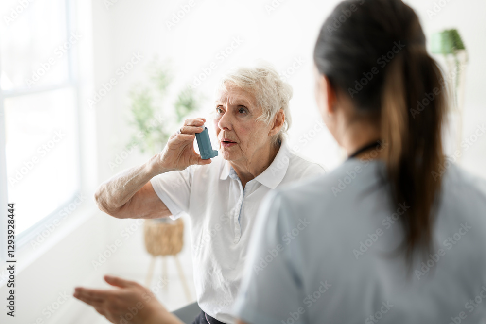 Elderly woman using inhaler for asthma and respiratory diseases at home Elderly woman using inhaler for asthma and respiratory diseases at home
