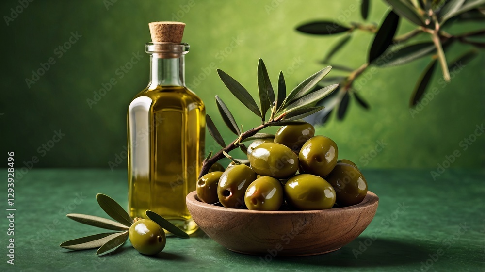 Fresh Olive Branch with Olives and Oil on Green Banner Fresh Olive Branch with Olives and Oil on Green Banner