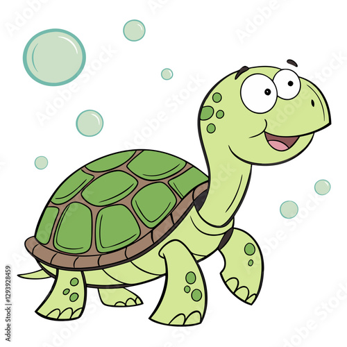 A charming cartoon turtle with a green shell and big expressive eyes smiles joyfully while bubbles float around. This happy character embodies fun and lightheartedness
