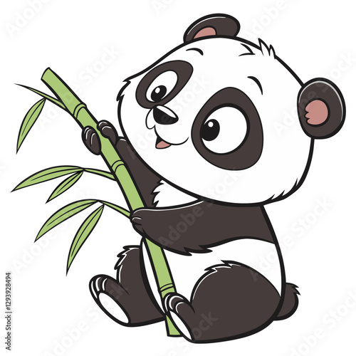 A cute baby panda bear happily interacts with a bamboo stalk, surrounded by a lively backdrop. The playful scene captures a moment of joy and curiosity in the natural world
