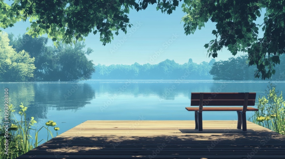 Tranquil lake view with wooden bench surrounded by lush greenery Tranquil lake view with wooden bench surrounded by lush greenery