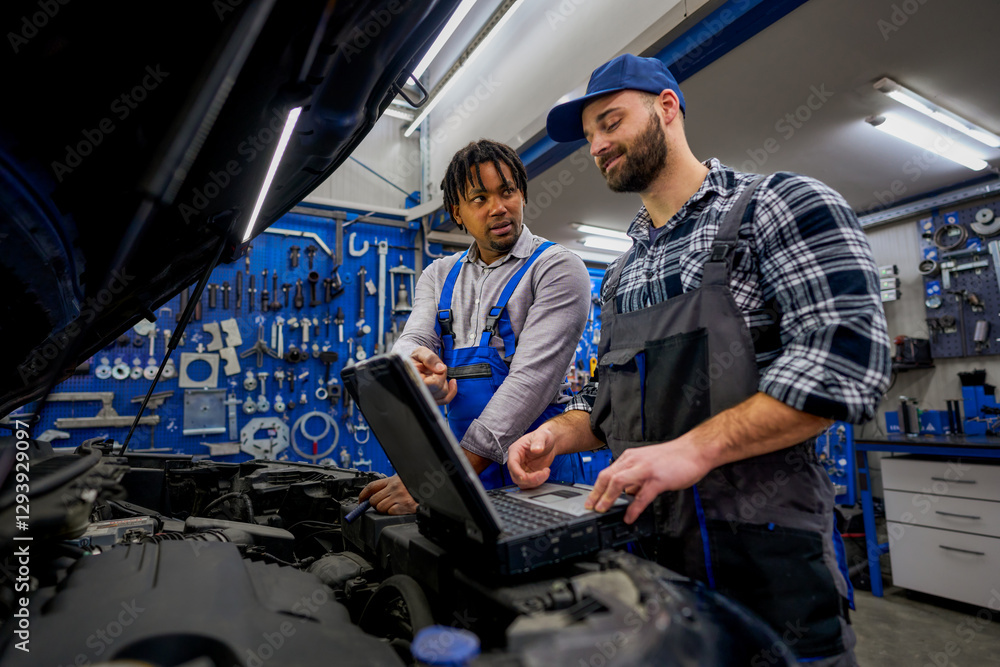 Two auto mechanics are using a laptop computer to diagnose a problem with a car engine in a professional repair shop, showcasing their expertise and modern technology Two auto mechanics are using a laptop computer to diagnose a problem with a car engine in a professional repair shop, showcasing their expertise and modern technology