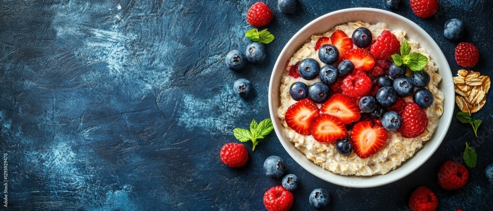 Delicious oatmeal bowl with fresh berries on a dark blue textured background healthy breakfast concept food photography top view balanced diet Delicious oatmeal bowl with fresh berries on a dark blue textured background healthy breakfast concept food photography top view balanced diet