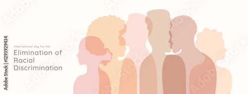 International Day for the Elimination of Racial Discrimination background. Multicolored banner template. Abstract silhouette diversity people. Different nationalities, genders and ages human profile