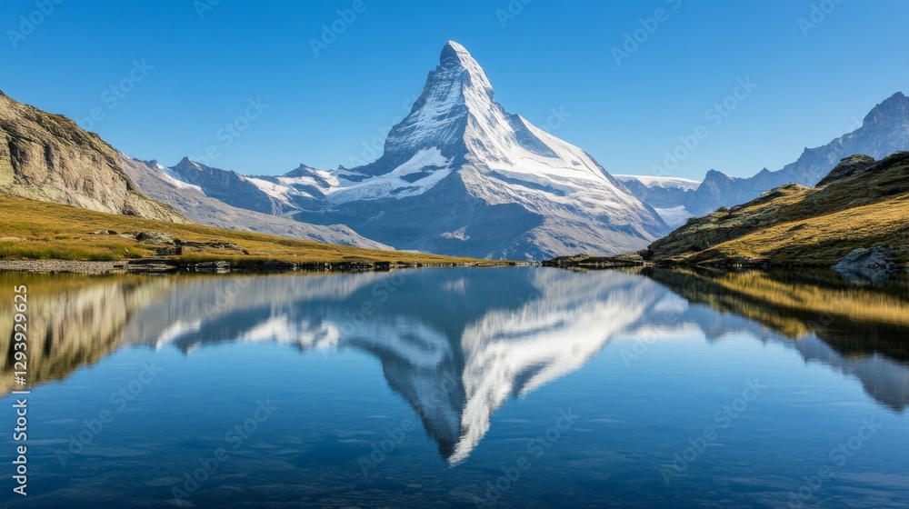 Scenic mountain landscape with clear blue sky and perfect reflection in calm lake waters Scenic mountain landscape with clear blue sky and perfect reflection in calm lake waters