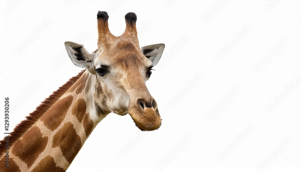 Standing Giraffe in Serene Savannah Majestic Beauty in Black and White, Gazing with Intense Curiosity against the Backdrop of Sunlit Plains at Dawn. Standing Giraffe in Serene Savannah Majestic Beauty in Black and White, Gazing with Intense Curiosity against the Backdrop of Sunlit Plains at Dawn.