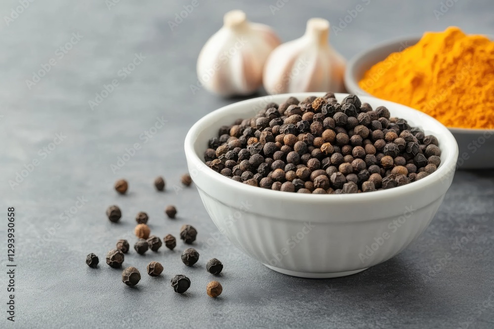 Black Pepper Seeds in Bowl with Garlic and Turmeric on Table Surface Black Pepper Seeds in Bowl with Garlic and Turmeric on Table Surface