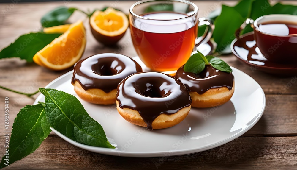 Chocolate Glazed Donuts with Tea and Orange Slices Chocolate Glazed Donuts with Tea and Orange Slices