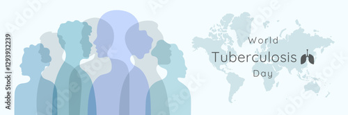 World Tuberculosis Day flat style banner template. Blue silhouette of diversity people. Different nationalities, genders and ages women men profile. March 24 Holiday background with text inscription