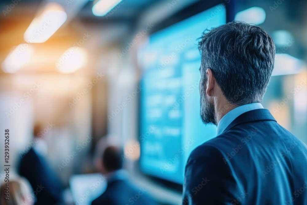 Professional man observing business presentation in modern office setting with digital screens Professional man observing business presentation in modern office setting with digital screens