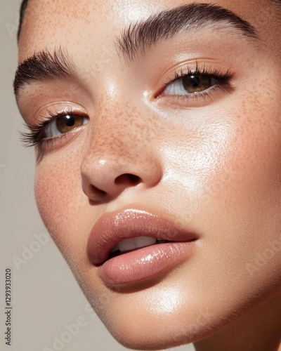 Close-up of a face with a light skin tone, dark eyes, freckles, and glossy lips in a studio setting