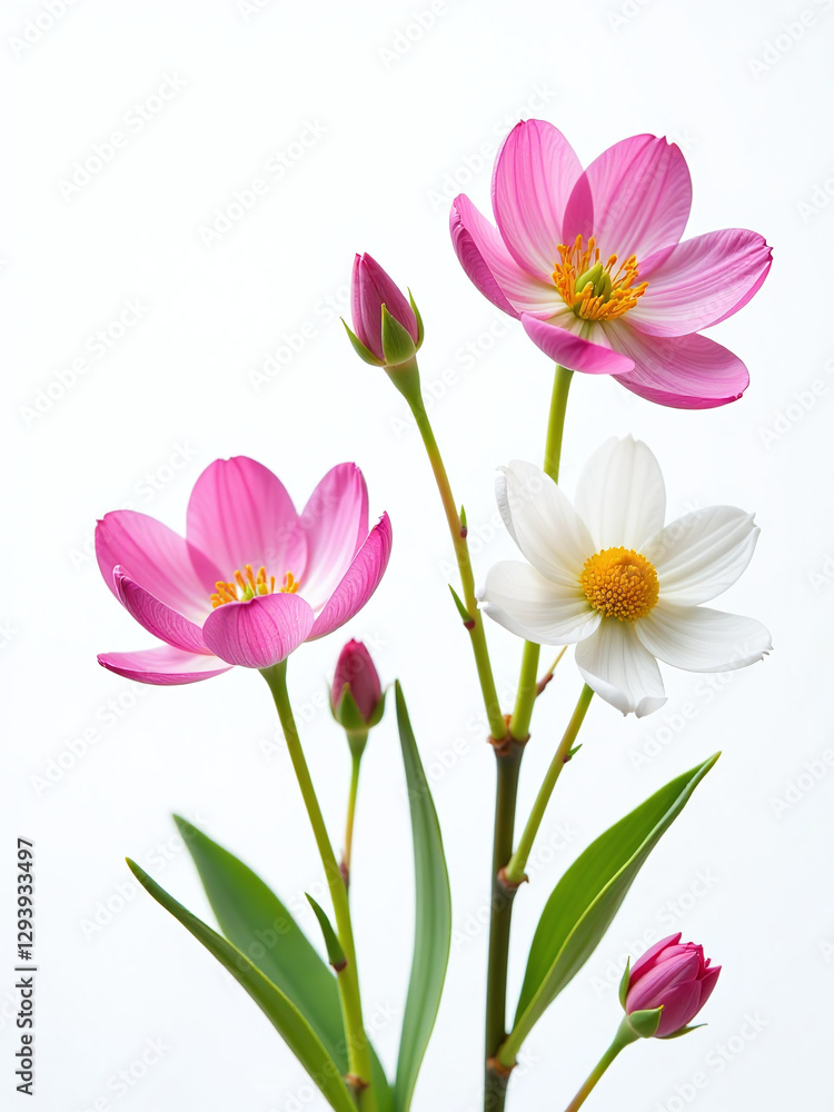 Delicate Spring Flowers Bloom Against A Clean And Crisp White Background Filling It With Vibrant Color And Texture. Delicate Spring Flowers Bloom Against A Clean And Crisp White Background Filling It With Vibrant Color And Texture.