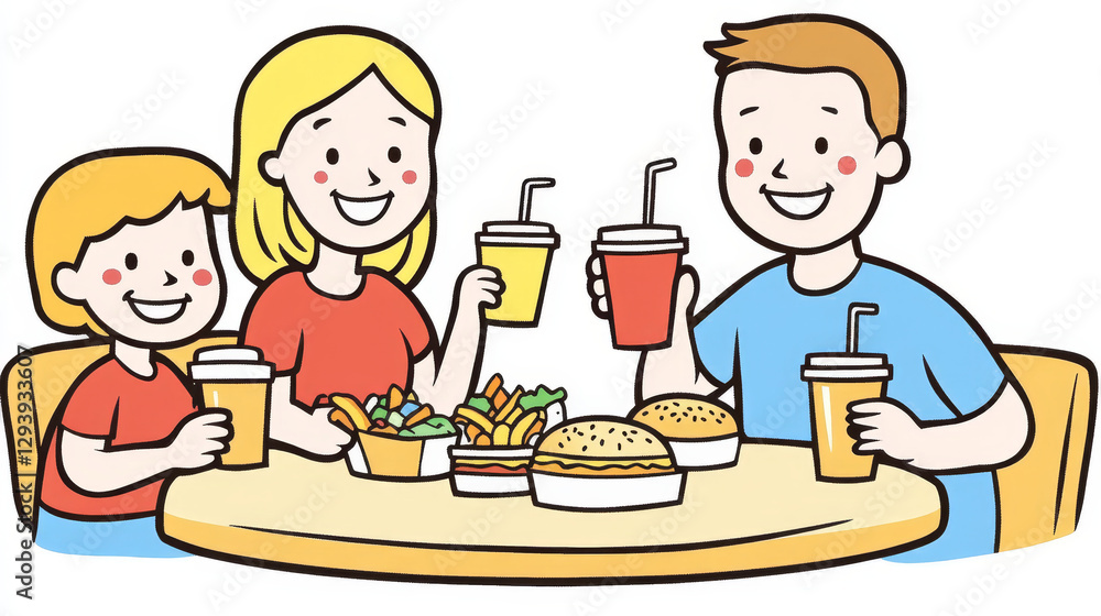 Young family eating fast food, together sitting in cafe, female male children character drink refreshment isolated on white, flat line vector illustration. Young family eating fast food, together sitting in cafe, female male children character drink refreshment isolated on white, flat line vector illustration.