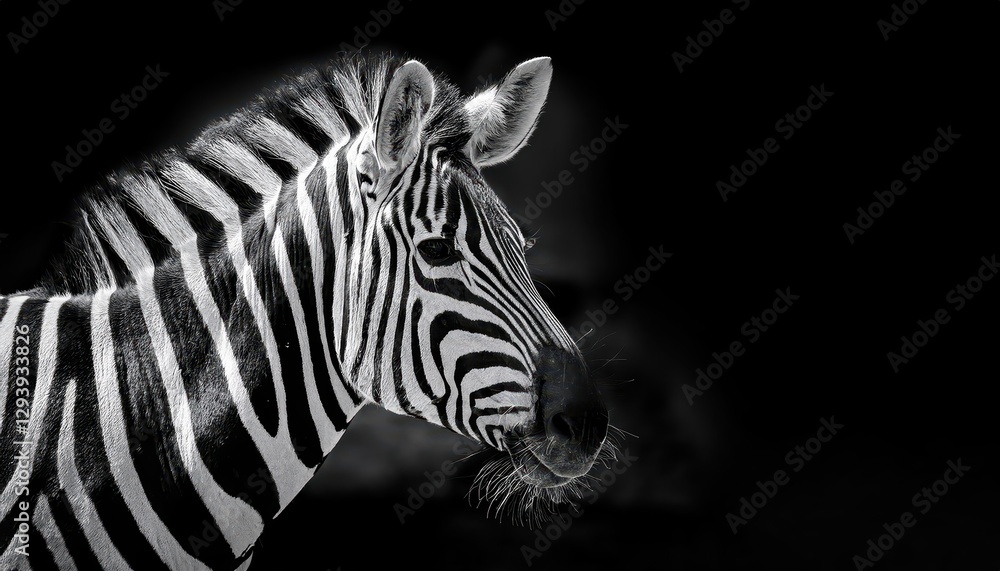 Black and White Digital Art Portrait of a Striped Zebra Against a Dark Background Powerful Beauty in Monochrome Contrast, Emphasizing Textures and Dramatic Mood. If the title is below characters Black and White Digital Art Portrait of a Striped Zebra Against a Dark Background Powerful Beauty in Monochrome Contrast, Emphasizing Textures and Dramatic Mood. If the title is below characters