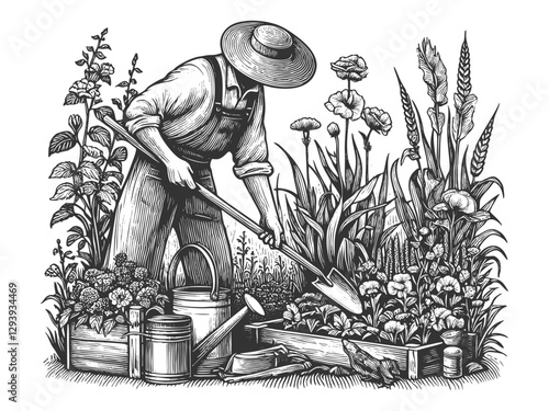 Gardener Working in Flower Garden vector