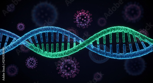 Glowing Blue Green DNA Strand with Viruses in Dark Space